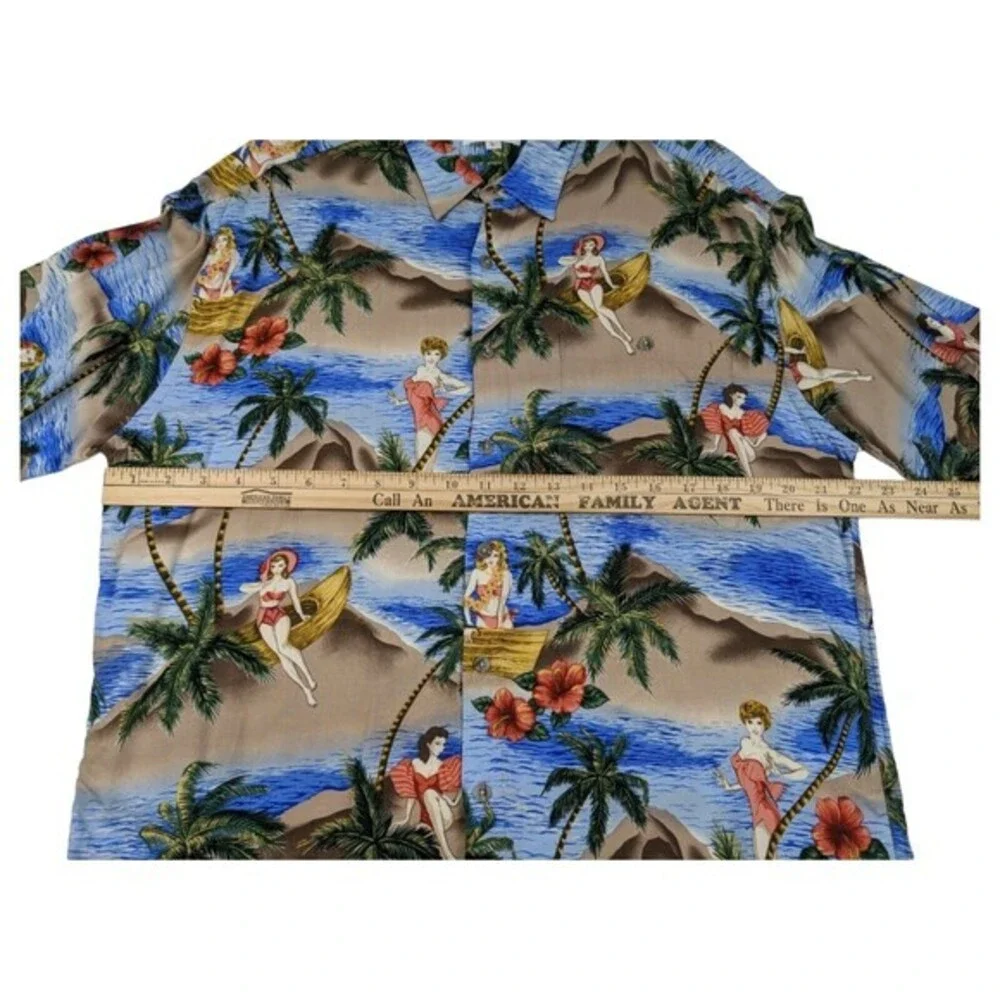 Pierre Cardin Men's Hawaiian Pin-Up Girl‎ Button Shirt Size L Blue Beach Rayon